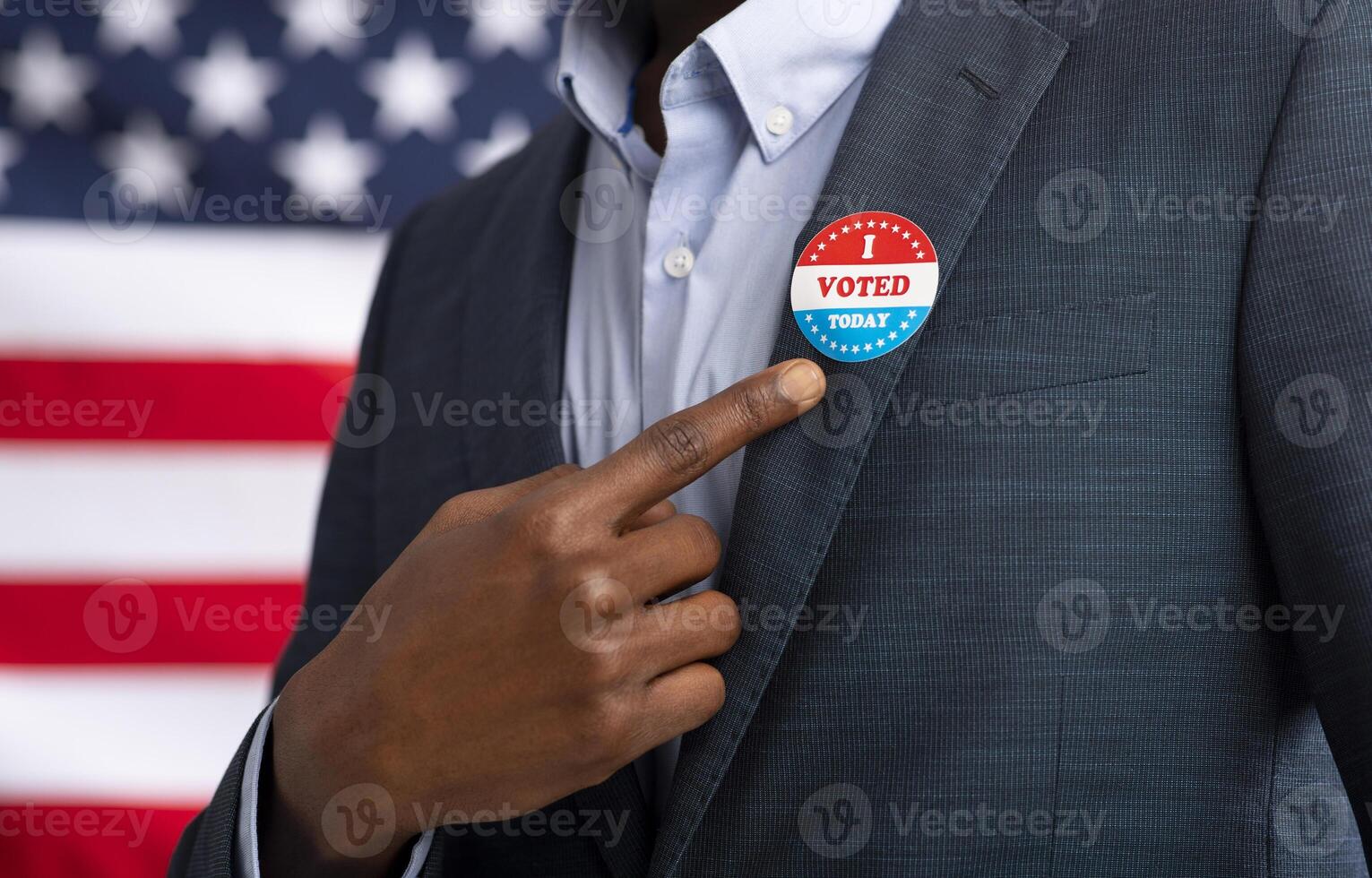 Patriotic elections in America 2020. African American US resident showing with finger on inscription I voted today photo