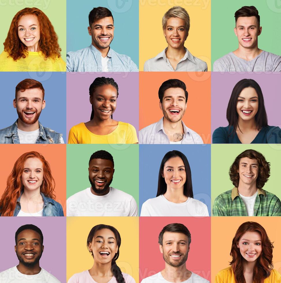 Positive Young People Of Different Age, Gender And Race Posing Together In Mosaic Collage Over Colored Backgrounds. Set Of Human Portraits Headshots With Smiling Beautiful Millennials Faces. Square photo