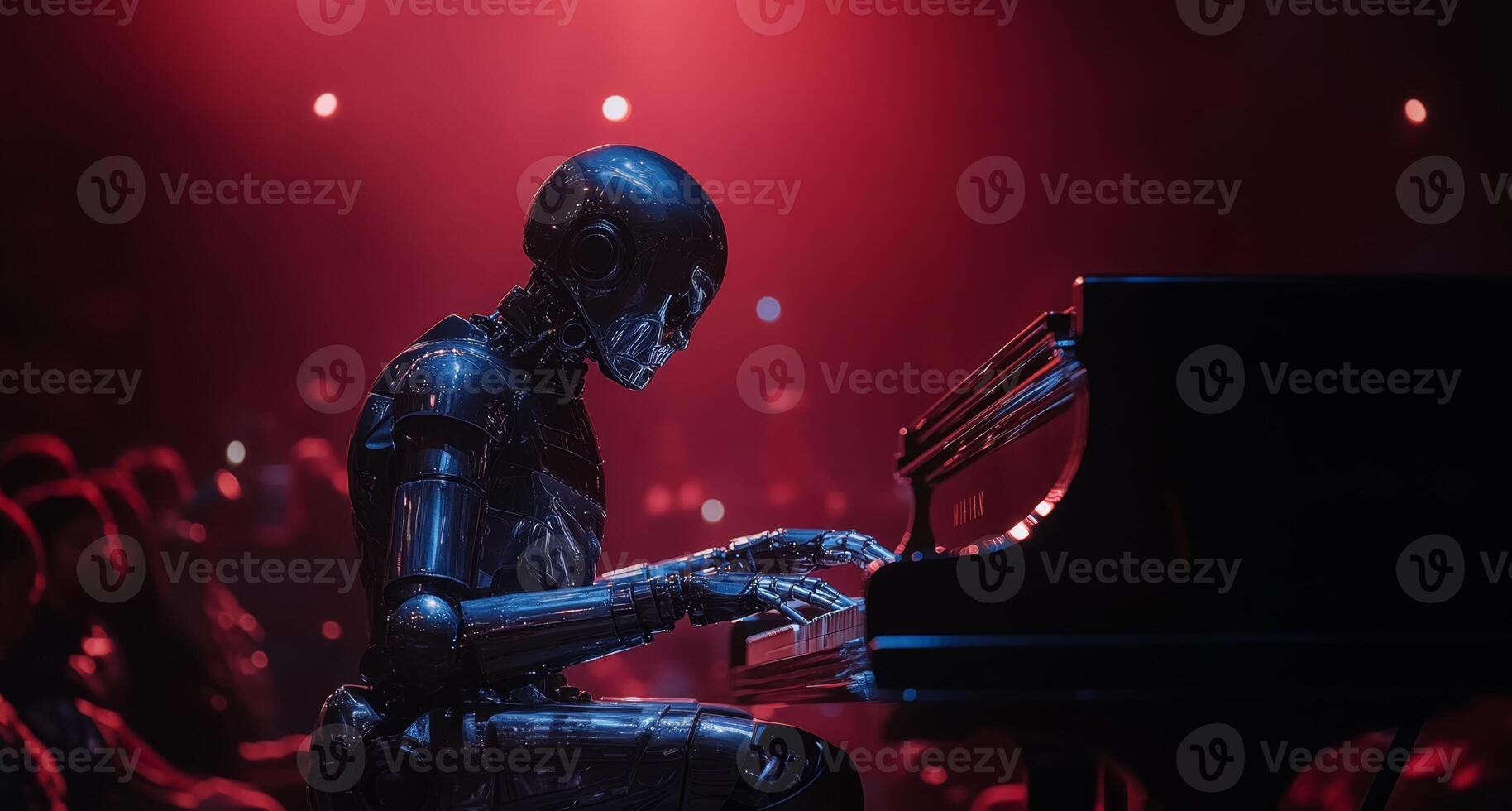 A humanoid robot skillfully plays a piano in a lively theater filled with an engaged audience, illuminated by colorful stage lighting. The performance creates a unique blend of technology and art. photo