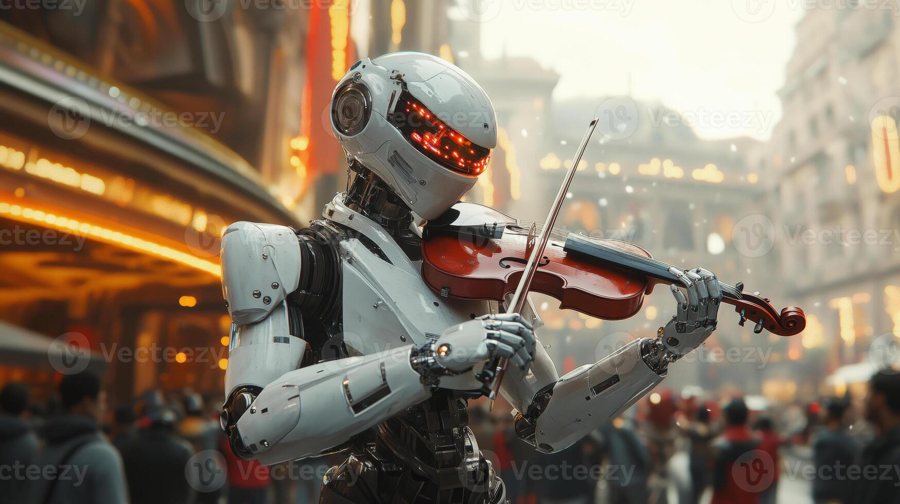 A humanoid robot skillfully plays a violin in a bustling theater district. The vibrant lights and crowds create an energetic atmosphere that complements the robot's musical talent. photo