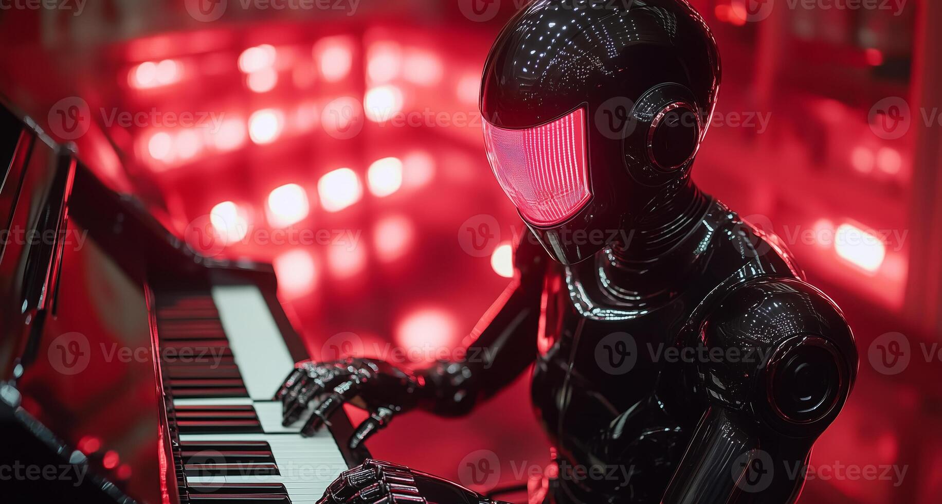 A humanoid robot skillfully performs on a piano in a theater illuminated by dramatic red lights. The scene captures the intersection of technology and music in a captivating musical experience. photo