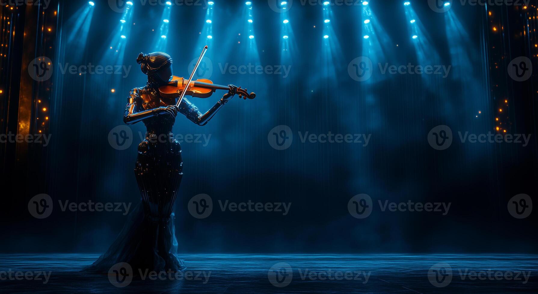 A humanoid robot gracefully plays the violin on stage, illuminated by blue lights in a theater. photo