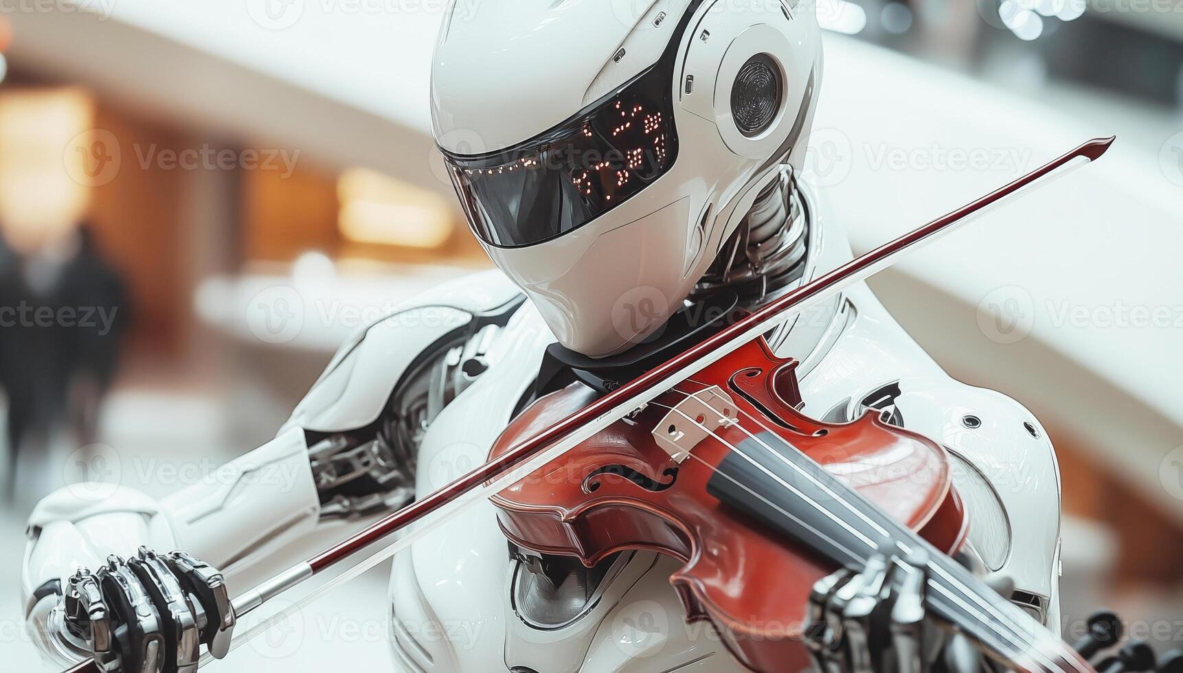 A humanoid robot performs a captivating violin solo in a sleek theater environment. The futuristic design of the robot enhances the artistic experience as it interacts with the audience. photo