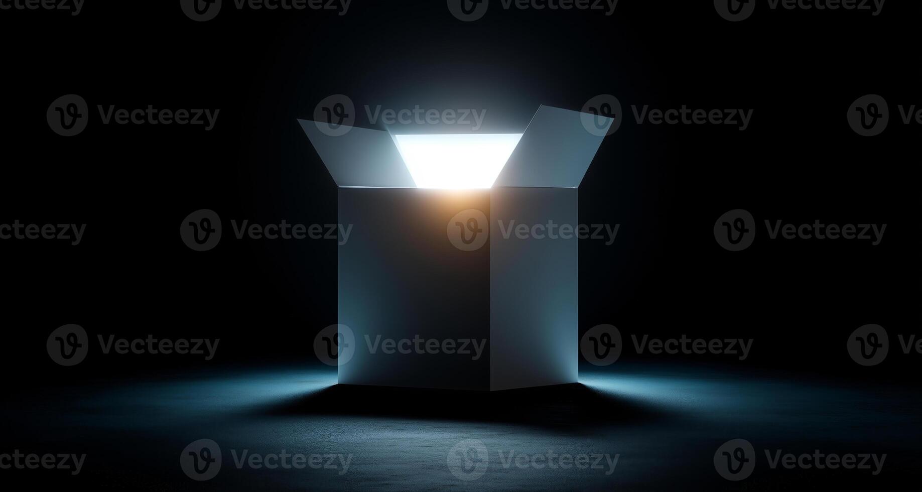 An open box emits a soft glow in a dark environment, creating an aura of intrigue. The light highlights the edges and invites curiosity about its contents and origin. photo