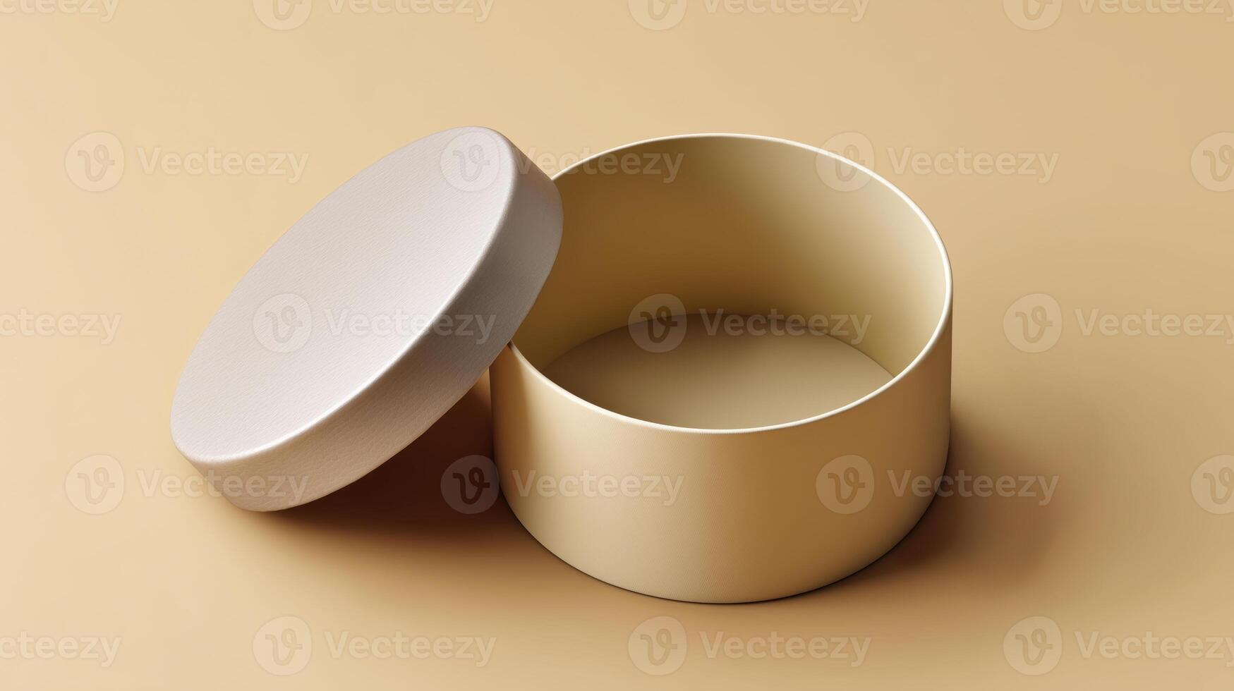 A round gift box is open, ready to reveal its contents. The neutral background highlights the smooth finish of the box while suggesting anticipation and excitement for the delivery inside. photo