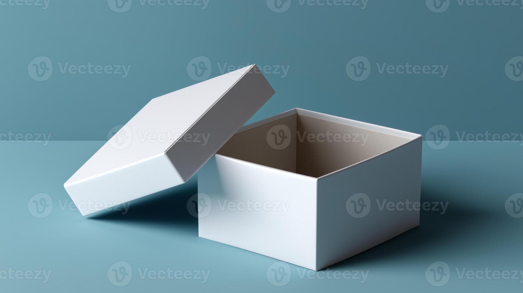 A neatly wrapped gift box sits on a smooth blue surface, its lid slightly ajar. The box appears ready for someone to discover the surprise inside, highlighting the excitement of gift-giving. photo