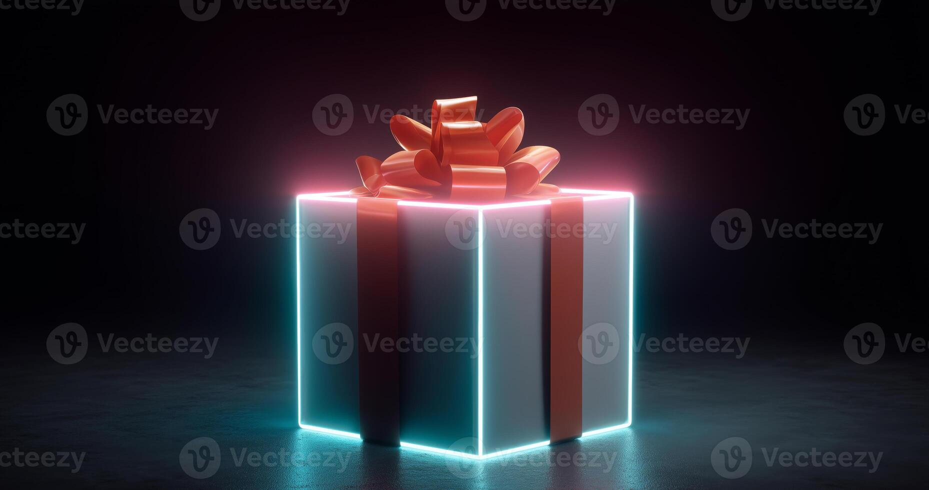 A beautifully wrapped gift box with a striking ribbon is positioned on a dark surface, illuminated by soft light. photo