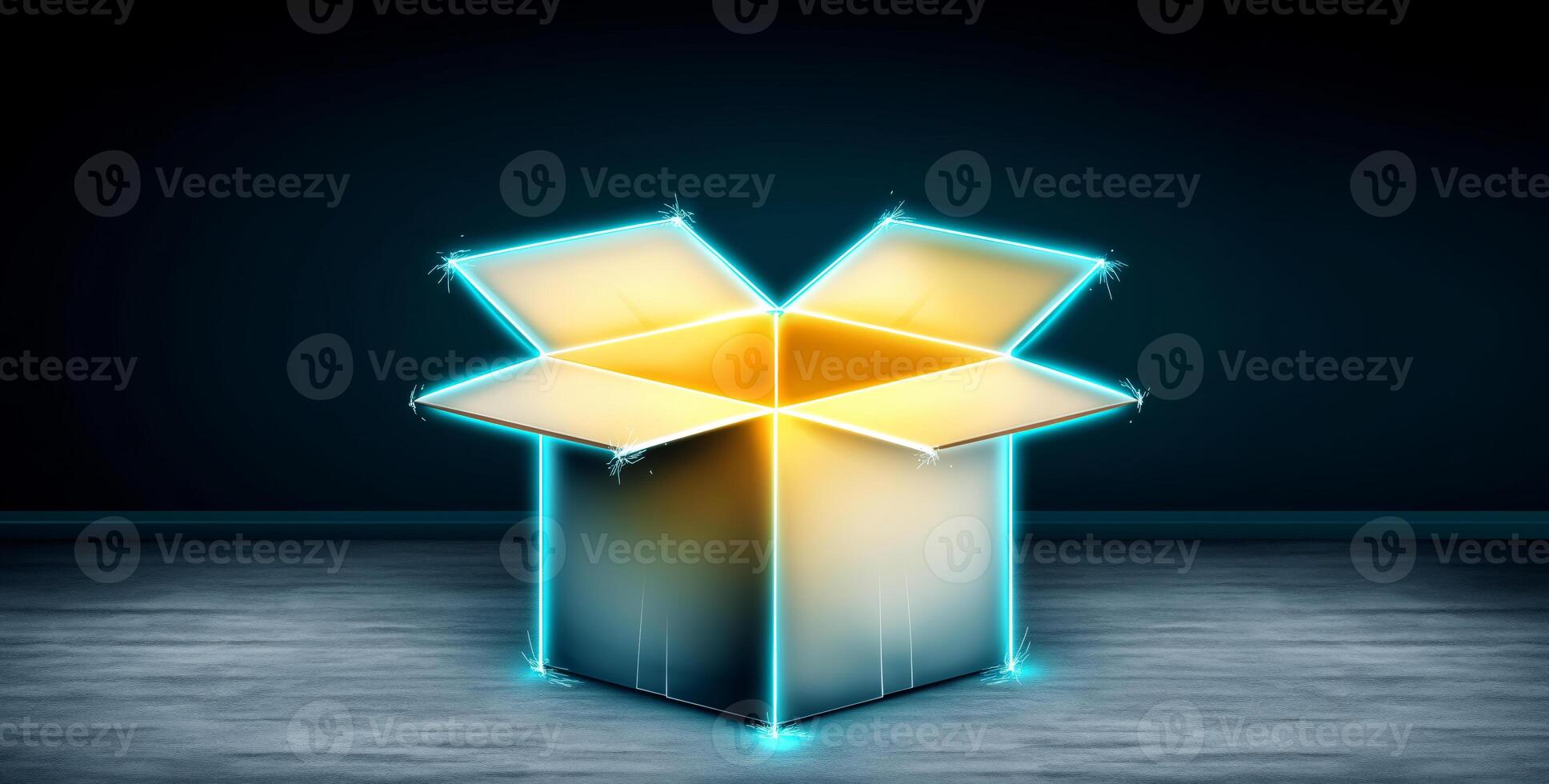 A brightly lit box stands wide open, inviting curiosity about its contents. The surroundings are dim, emphasizing the box's glow. It symbolizes excitement and anticipation of a special gift. photo