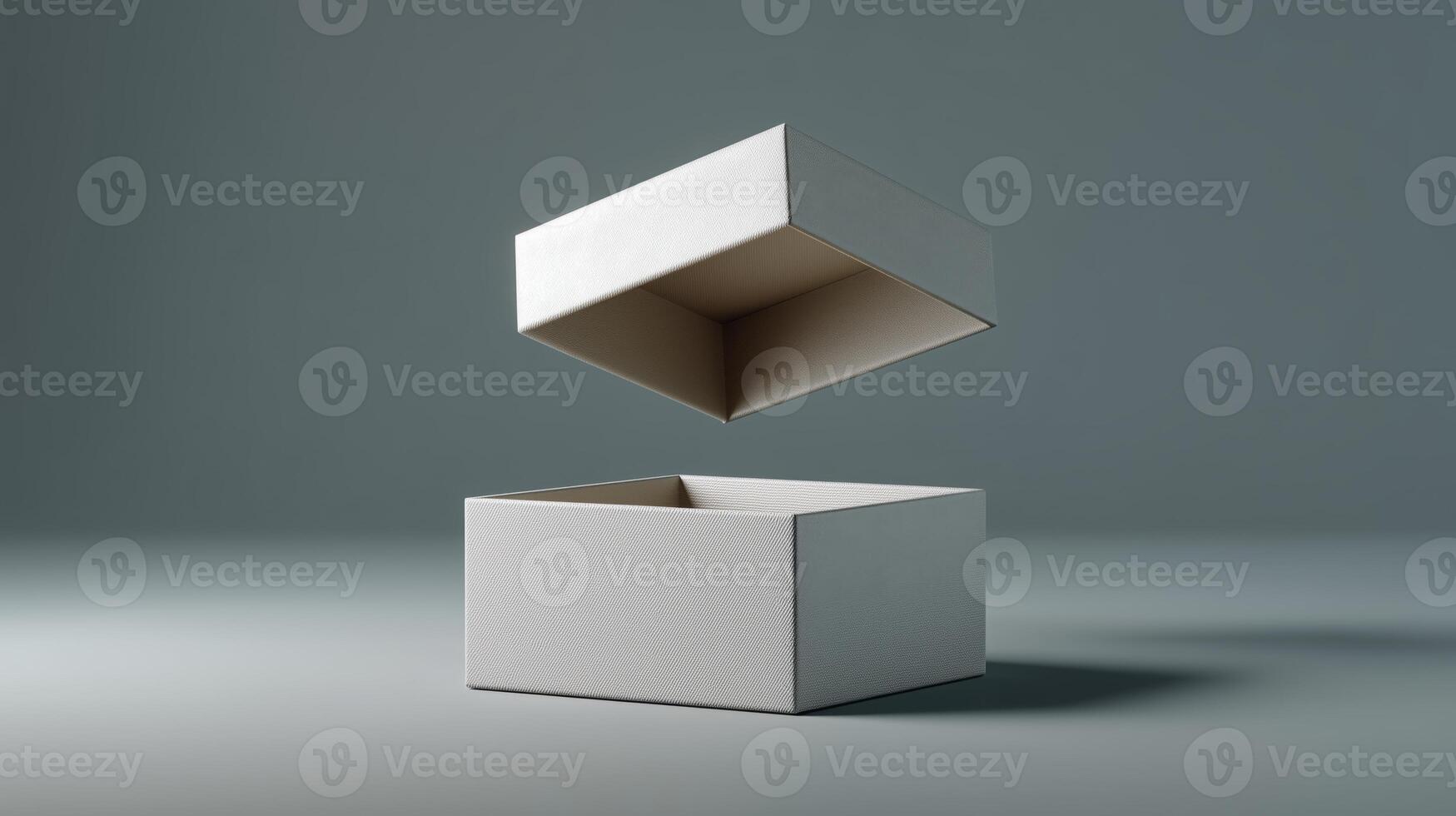 A gift box is shown partially open, hovering above another empty box in a simple, modern setting. The focus is on the contrast between the boxes and the muted background. photo