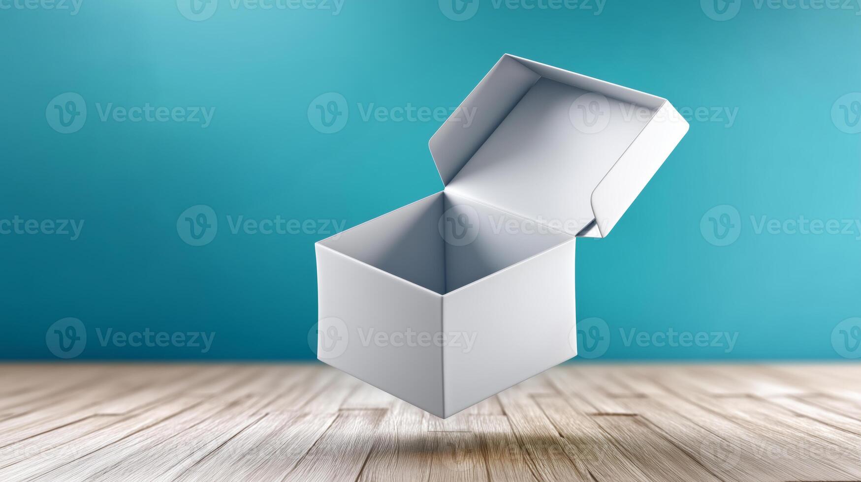 A white gift box floats gently above a wooden floor, inviting curiosity. The backdrop features a soothing blue wall that enhances the surprise of discovering what lies inside. photo
