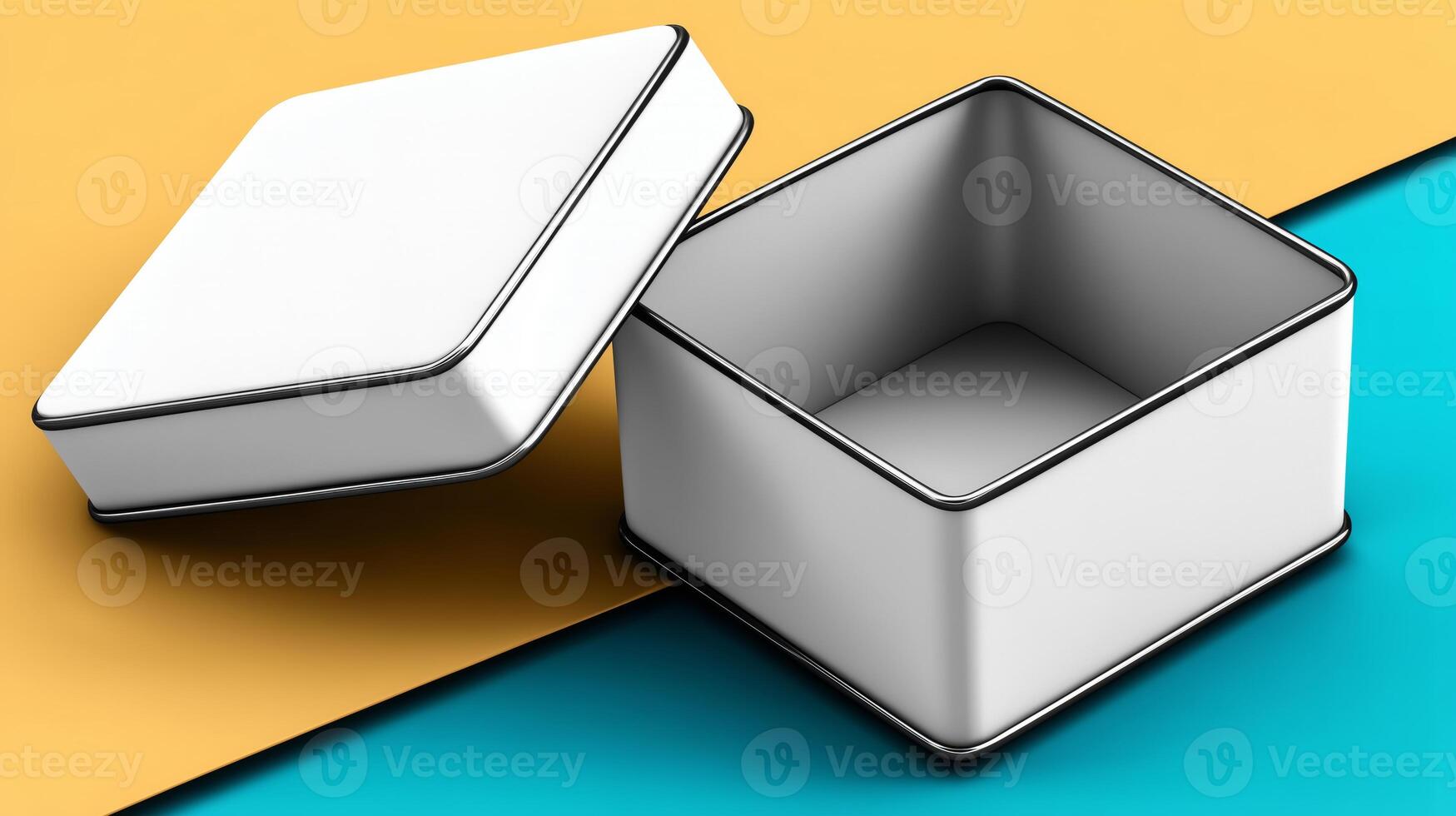 A clean, open gift box is placed on a vibrant yellow and turquoise surface. It invites anticipation for the contents inside, highlighting the joy of unboxing and gifting experiences. photo