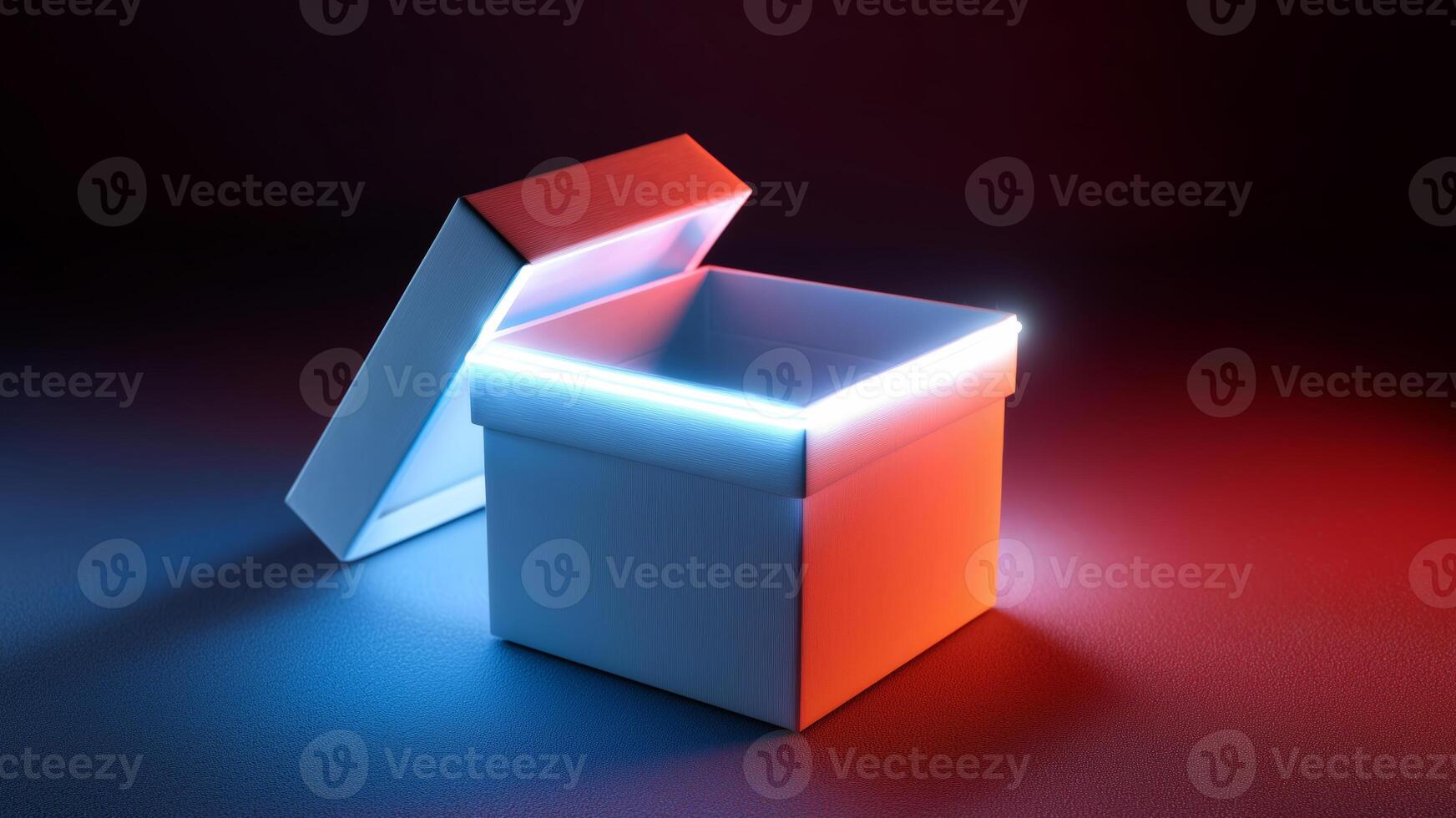 A stunning gift box is opened to reveal colorful lighting inside, creating an inviting atmosphere. The scene captures the excitement of receiving a parcel during a festive celebration. photo