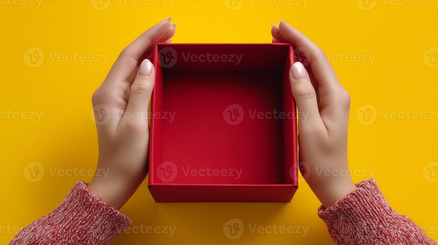 Two hands grasp an open red box, revealing its empty interior against a vibrant yellow background. The scene captures a sense of anticipation for the unboxing experience. photo