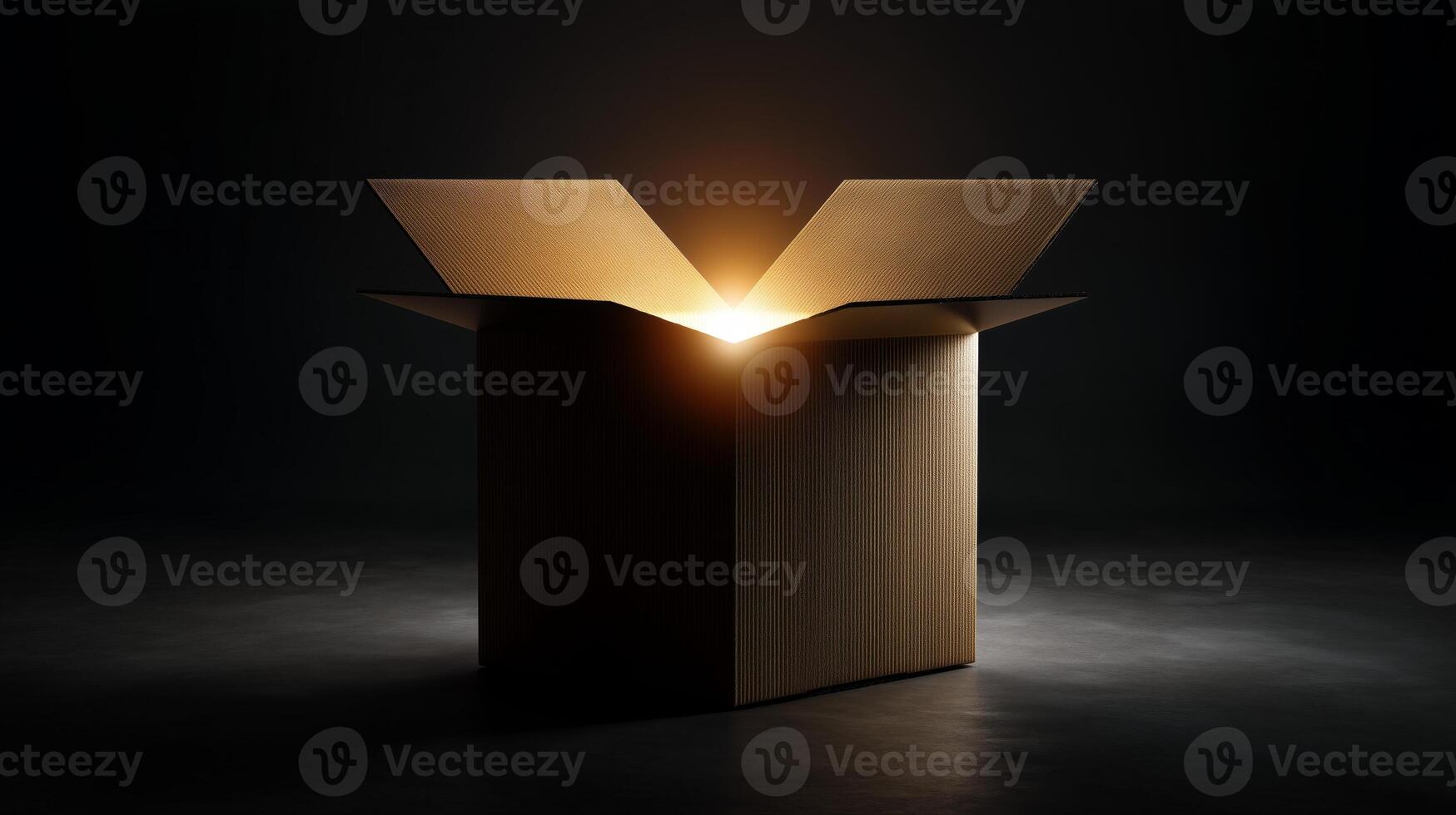 A brown gift box sits open in a dark environment, emitting a warm, glowing light from within. This captivating visual stirs curiosity about its contents and conveys a sense of anticipation. photo