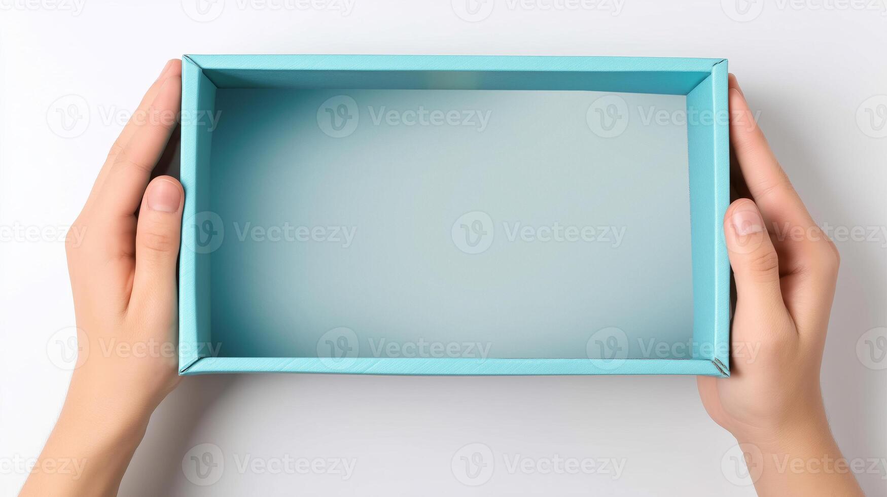 Two hands hold an open blue box that is empty, showcasing its interior. The box appears suitable for storage or delivery purposes, emphasizing its clean design and functionality. photo