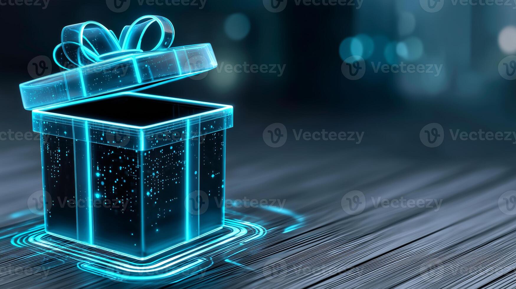 A sparkling gift box is open, radiating light and mystery. The elegant design reflects excitement and anticipation, suggesting a joyous moment related to a special delivery. photo