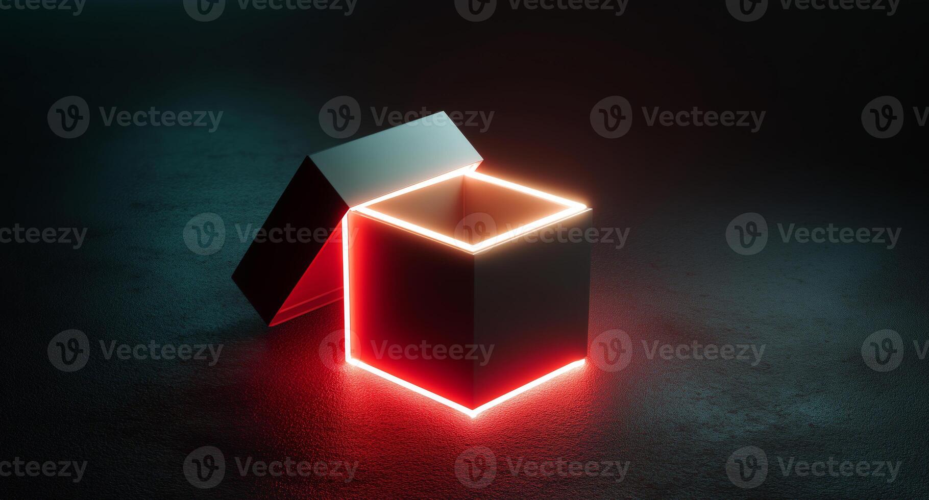 A delivery box with a vibrant, glowing edge is open and waiting to reveal its contents. The dark background accentuates the box's unique design, adding an element of anticipation. photo