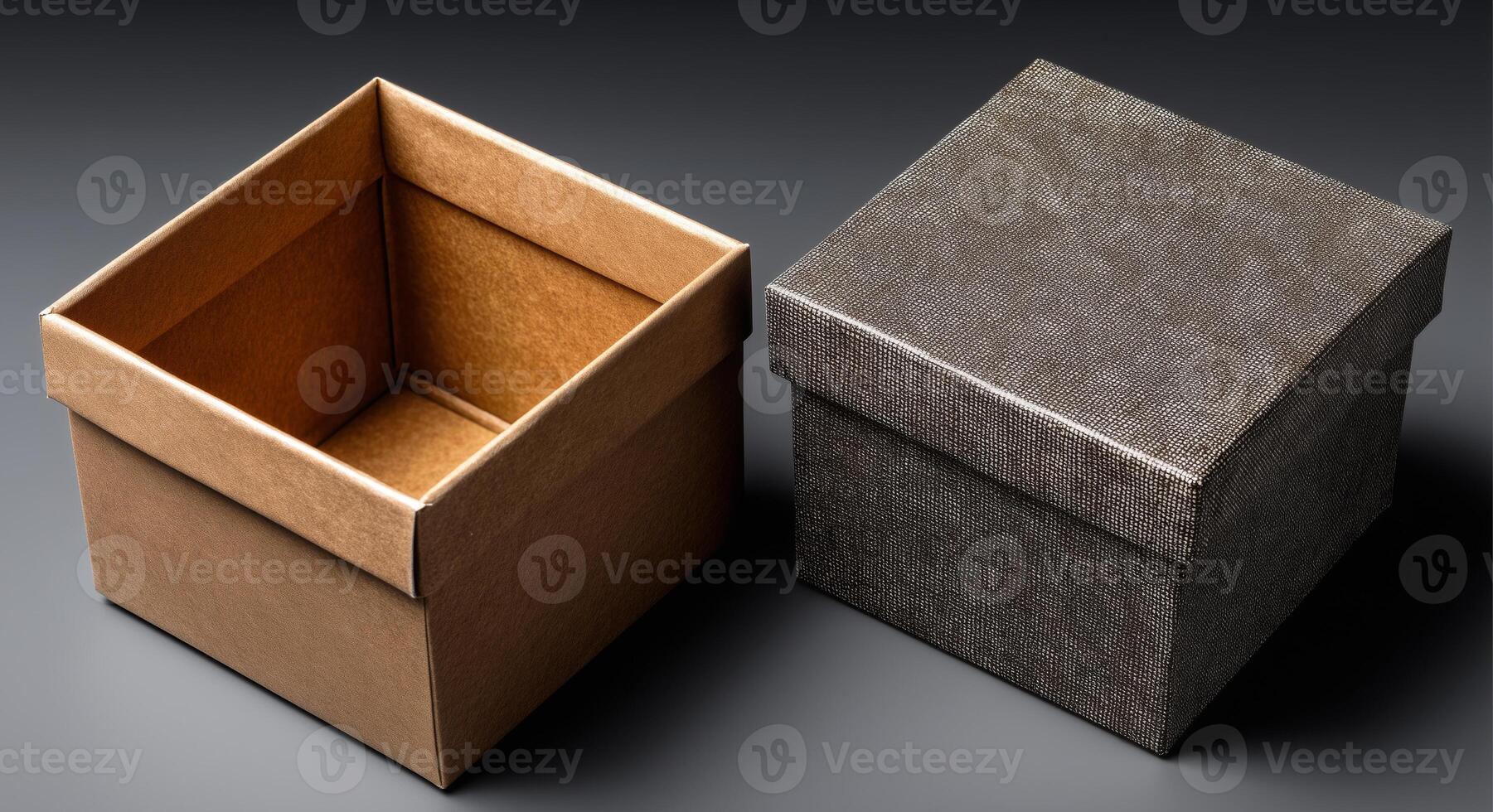 Two elegant gift boxes sit side by side, one in a warm brown and the other in a sleek gray. They are perfect for wrapping presents and ready for delivery during the festive season. photo