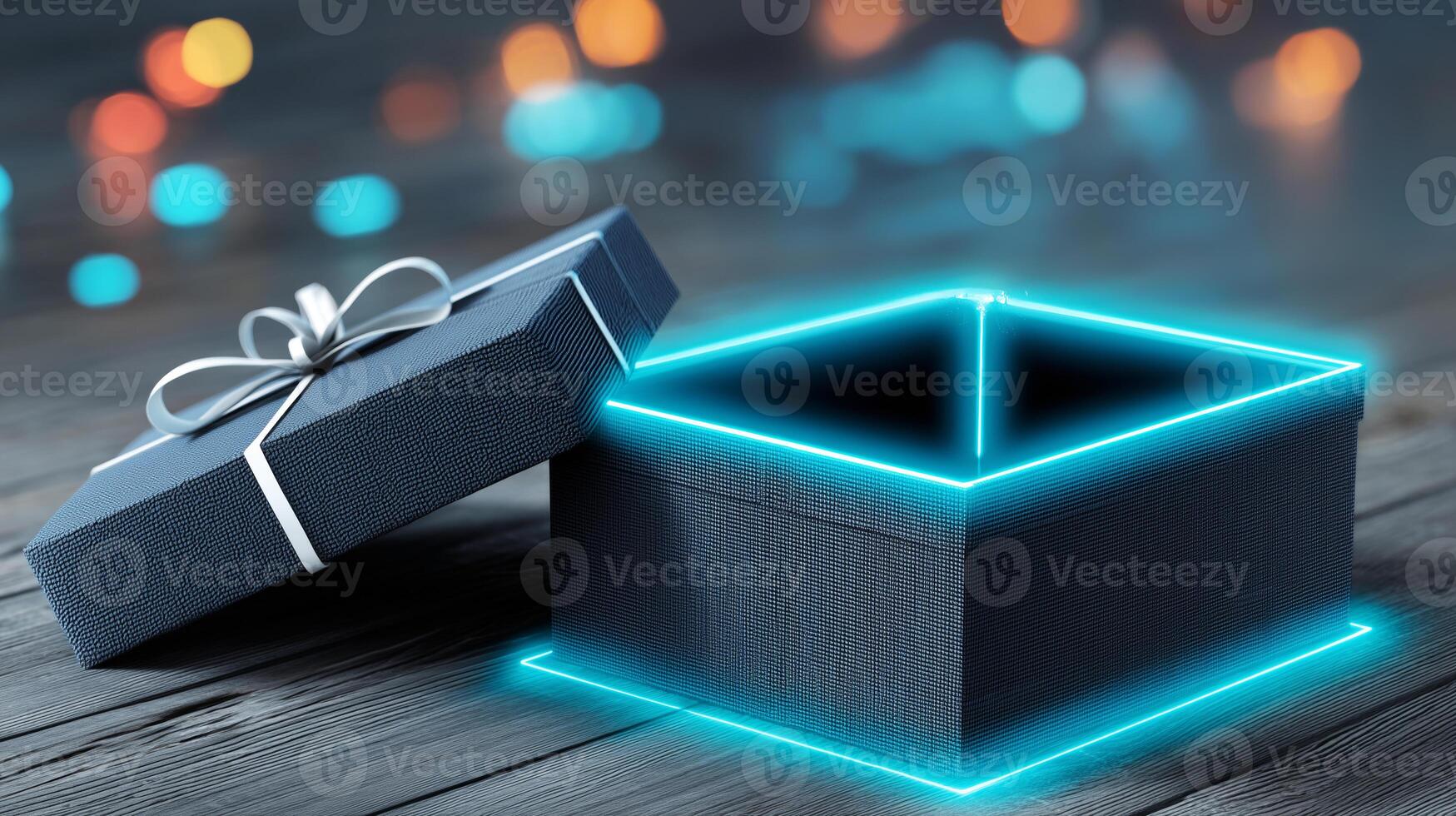 A beautifully wrapped gift box is open, glowing with a soft light. photo