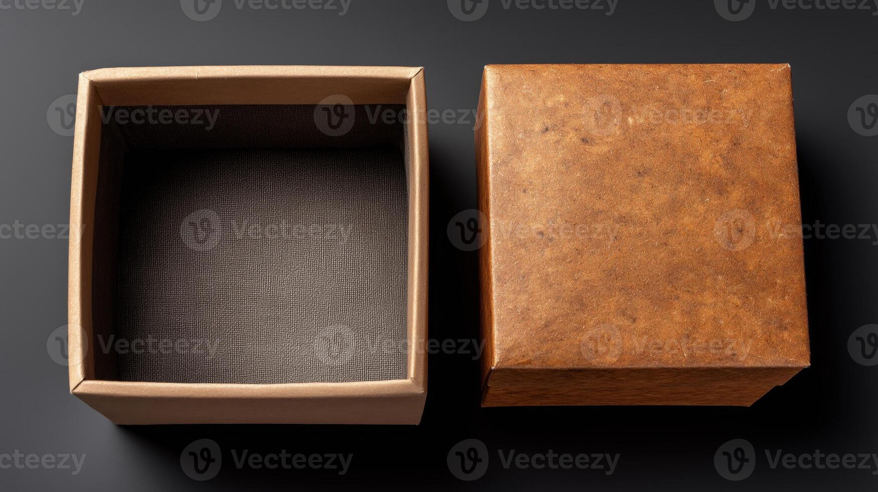 A beautifully crafted gift box sits open beside a closed box on a dark surface. The texture of the boxes adds elegance, inviting curiosity about the surprises they may hold. photo