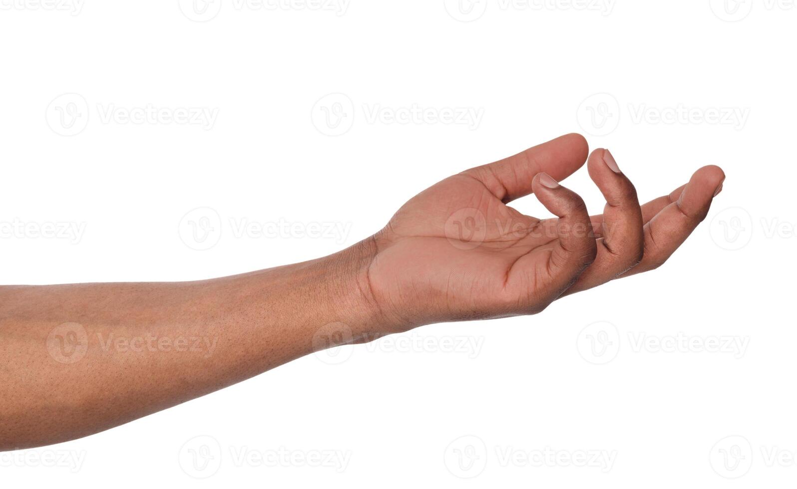 Taking or offering. Outstretched male hand, man keeping empty palm on white isolated background photo