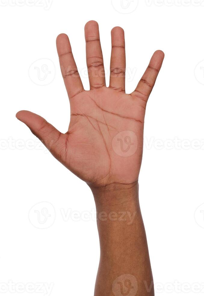 Black hand shows number five isolated. Counting gesturing, enumeration, white background photo
