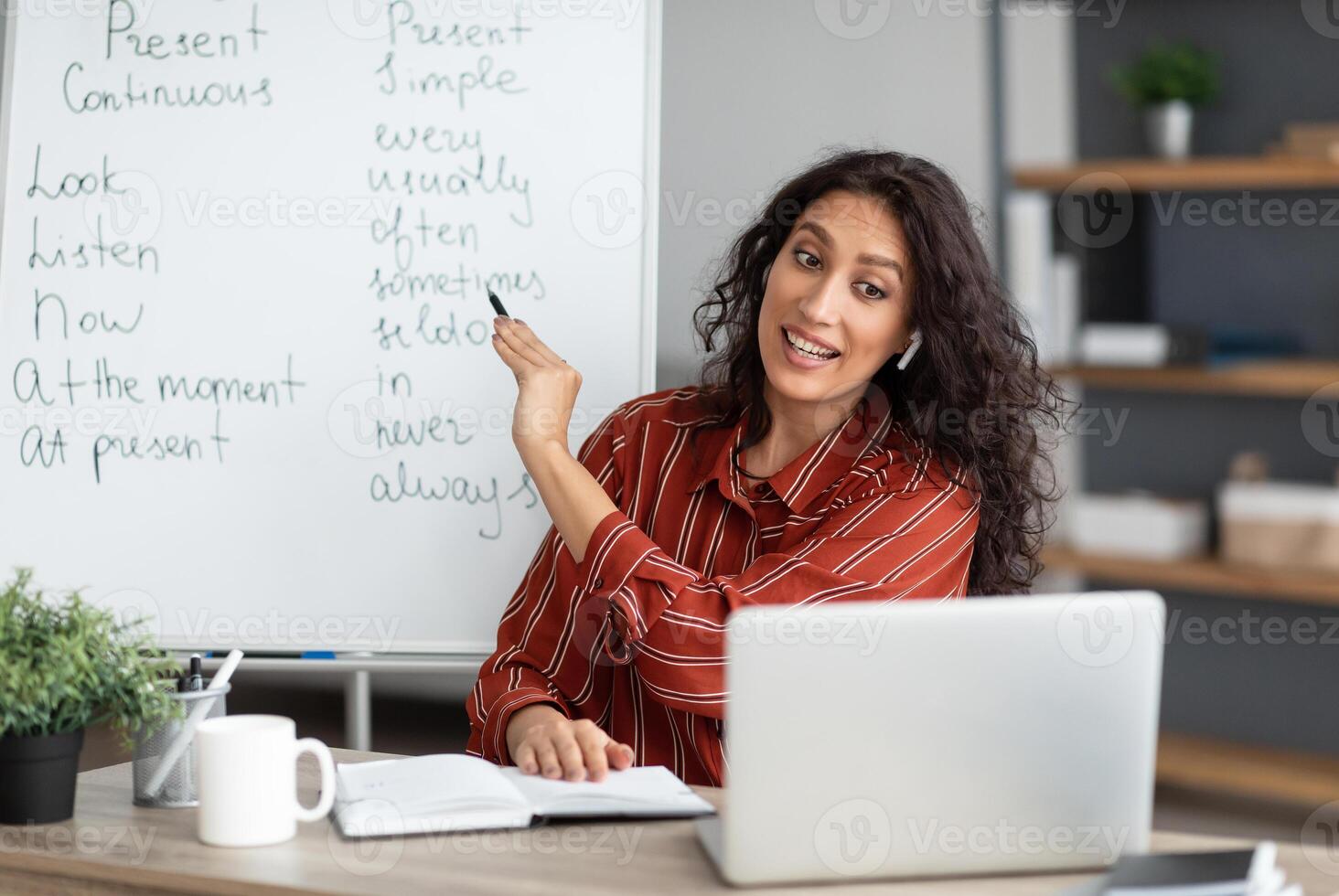 Online Foreign Languages Tutoring. Joyful female teacher giving English class, pointing at blackboard with basic grammar rules. Experienced college professor explaining new material tenses to students photo