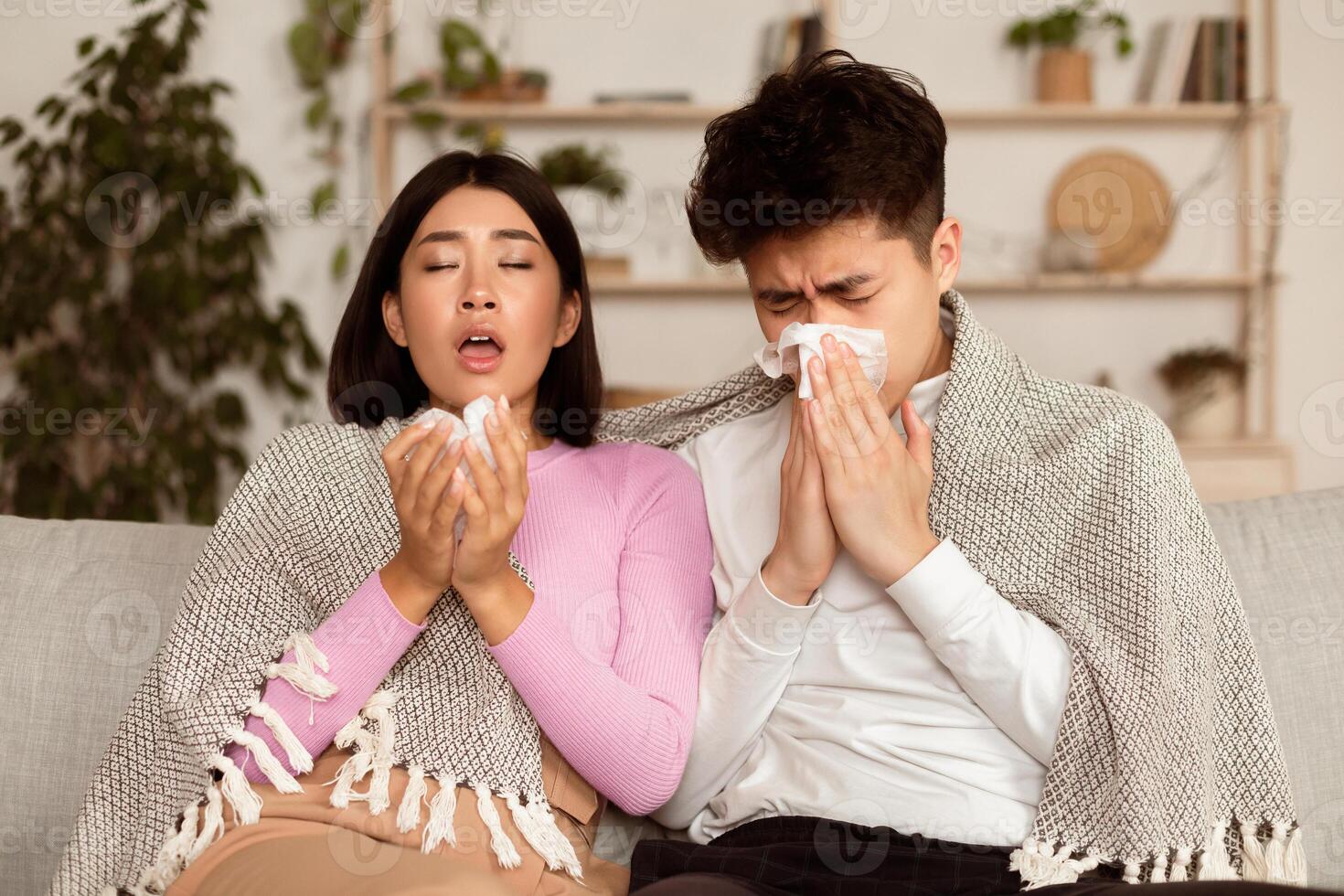 Sick Asian Family Couple Sneezing Blowing Nose In Paper Napkin Having Flu Cold Sitting On Sofa At Home. Seasonal Allergy And Rhinitis Illness. Ill Chinese Spouses On Self-Isolation Concept. photo