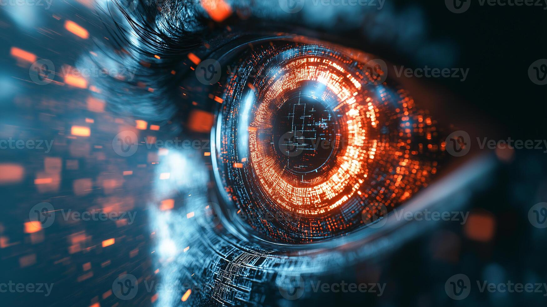Close-up of a high-tech eye with glowing circuits, showcasing innovation and creativity. photo