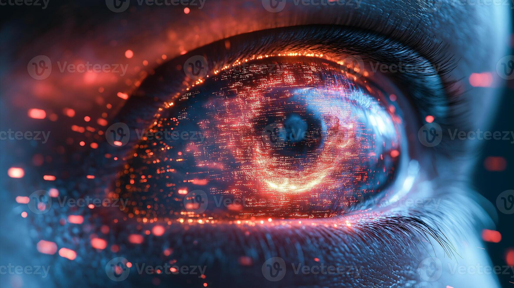 Bright digital effects swirl within a close-up of an eye, creating an immersive visual experience. photo
