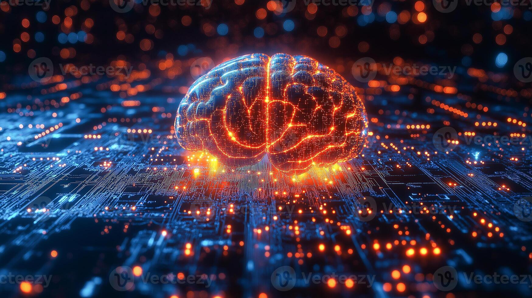 A glowing brain shines amid circuits, merging technology and intelligence. photo