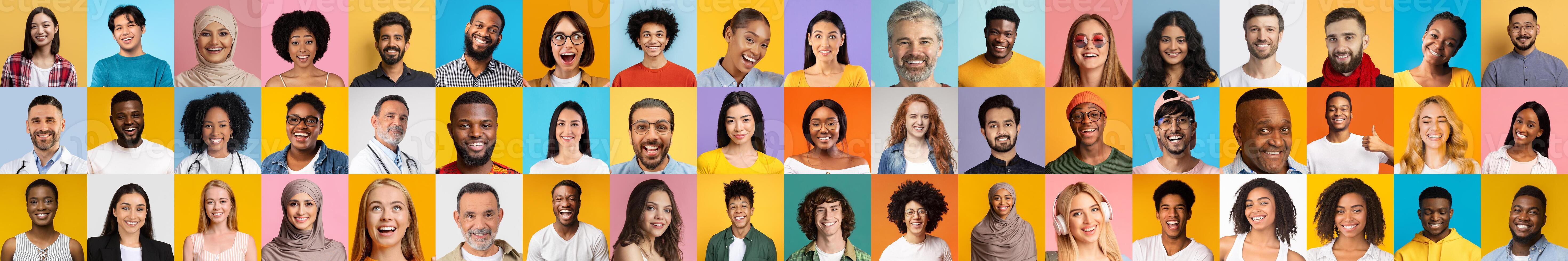 A collection of diverse and happy people smiling, showcasing multiracial backgrounds against bright, colorful backgrounds. photo