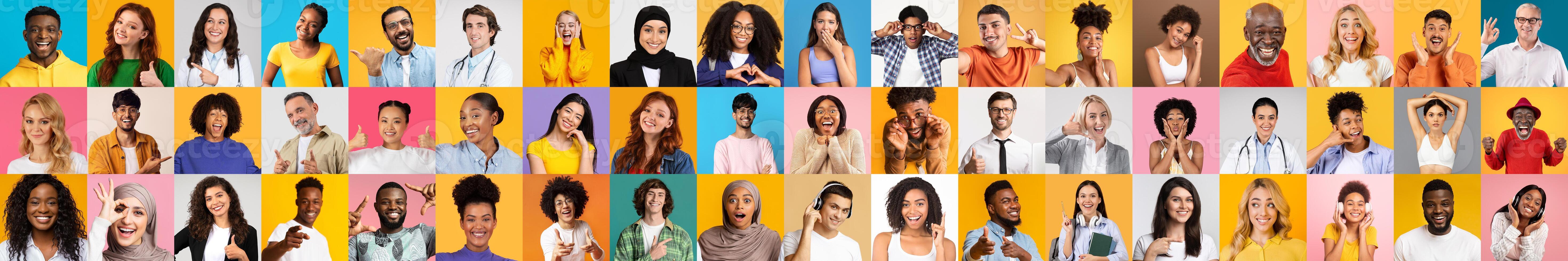 A vibrant collage features a diverse group of individuals expressing various emotions. Each person represents different backgrounds, celebrating unity and diversity in a colorful setting. photo