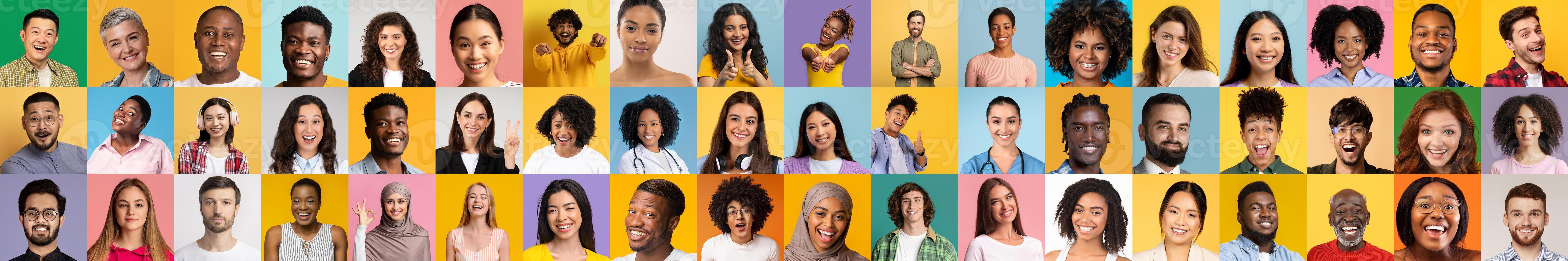Capturing a vibrant collection of portraits, this collage showcases a diverse group of people sharing joyful expressions against bright backgrounds. photo