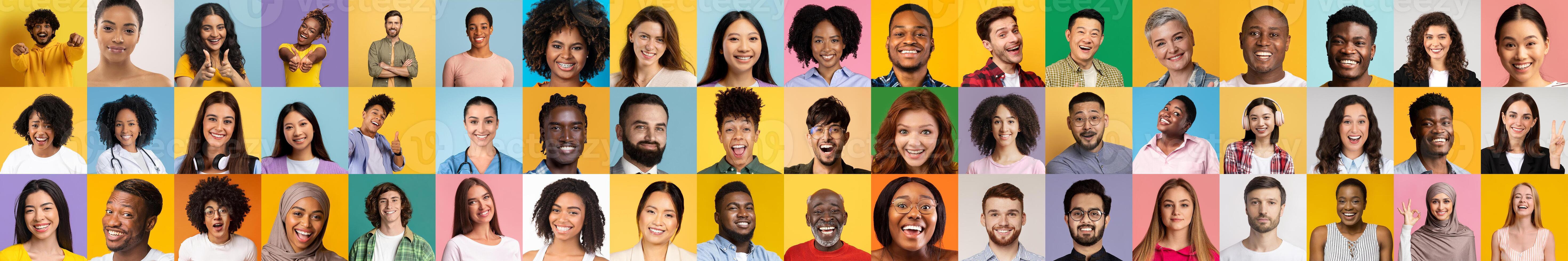 A vibrant collage features joyful individuals exhibiting diverse backgrounds and expressions. This collection celebrates multiethnic unity, highlighting a variety of lifestyles and cultures. photo