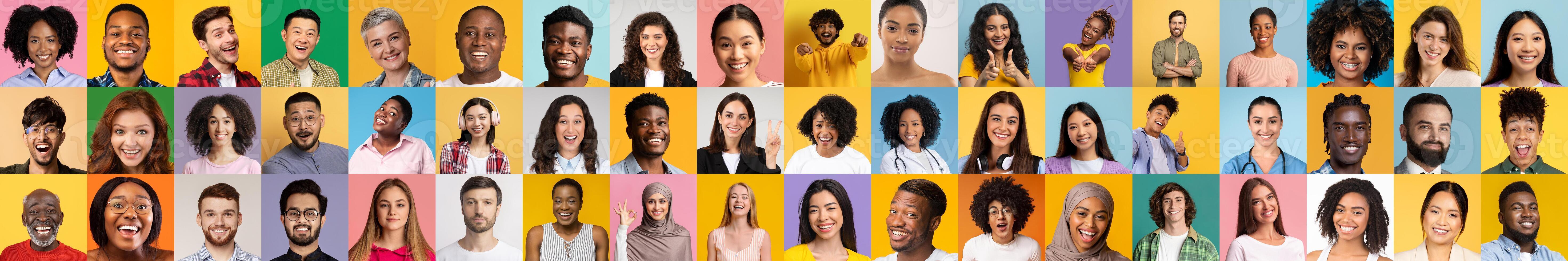 A lively collection of portraits features a diverse group of people expressing happiness. Each individual embodies a unique background and style, highlighting diverse unity in modern lifestyles. photo