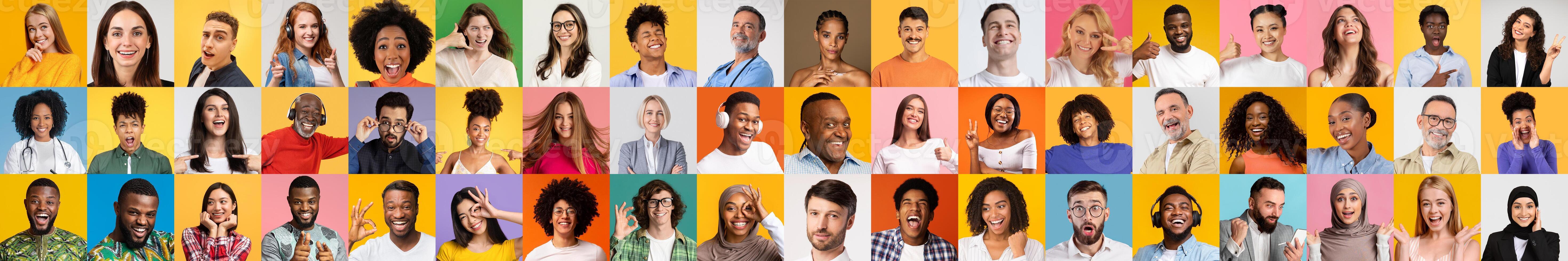 A lively portrait collection showcases diverse individuals smiling and expressing happiness against colorful backgrounds. The collage highlights the beauty of diversity and unity in diversity. photo