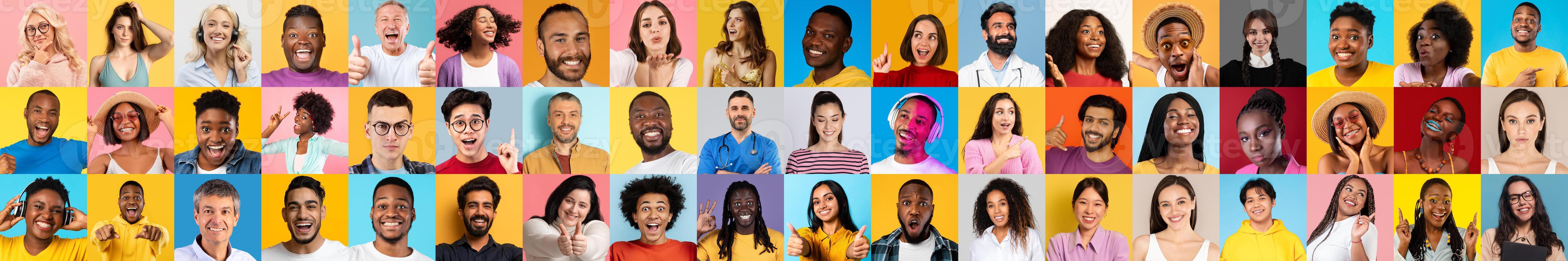 This collection showcases a vibrant collage of diverse faces, featuring people of various backgrounds smiling and expressing happiness. Each portrait highlights inclusivity. photo