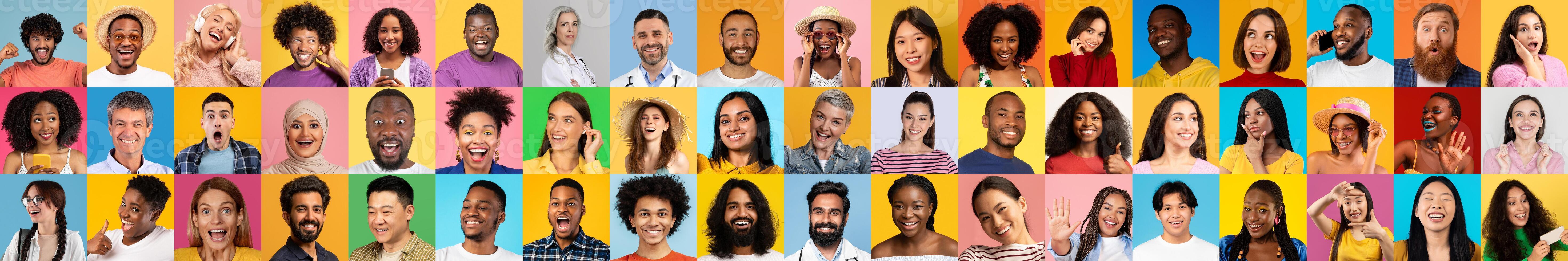 A vibrant collage captures diverse individuals from different backgrounds, each smiling brightly against colorful backgrounds. This collection showcases the beauty of diversity and unity. photo