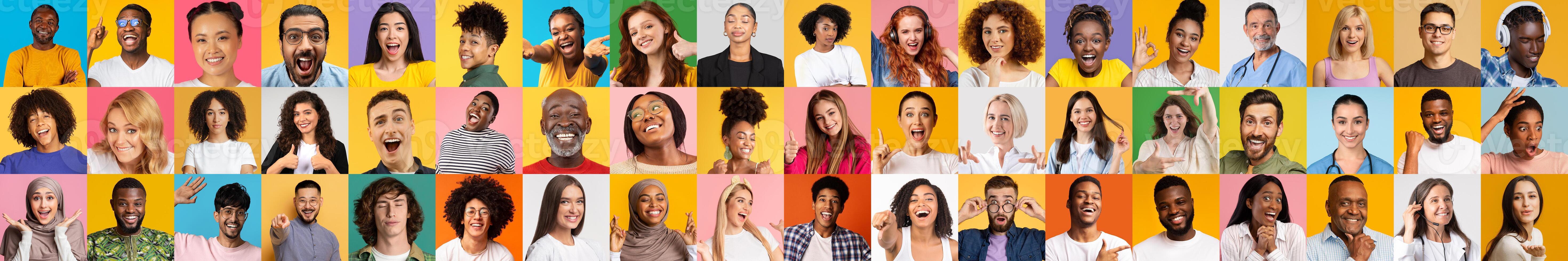 A lively collection of multiracial individuals with various hairstyles and expressions against bright backgrounds. Each portrait captures the essence of joy and diverse lifestyles in a modern setting. photo