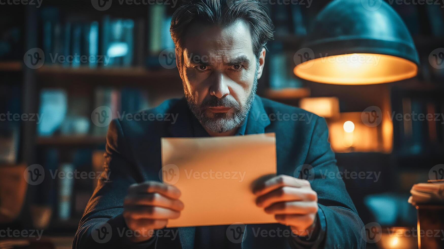 A man studies a document while assessing issues related to fraud and ethics at night. photo