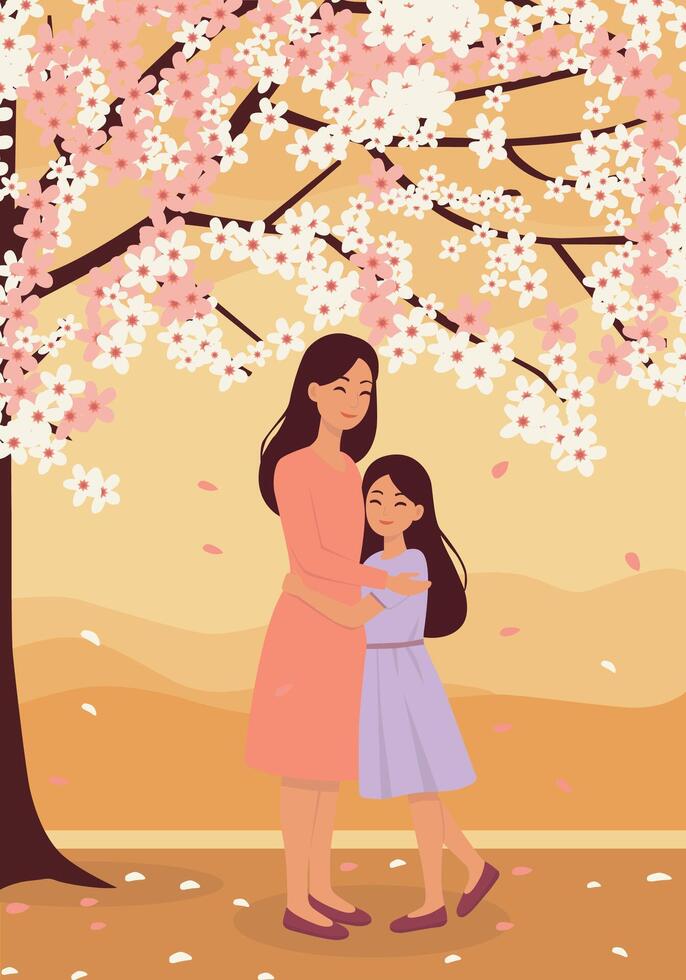 Mother and Daughter Hugging Under Cherry BlossomTree vector