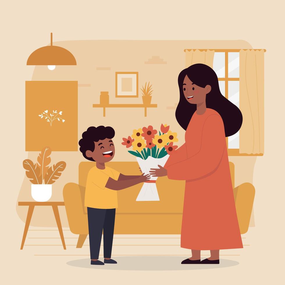 Smiling Boy Giving Flowers to Mother vector