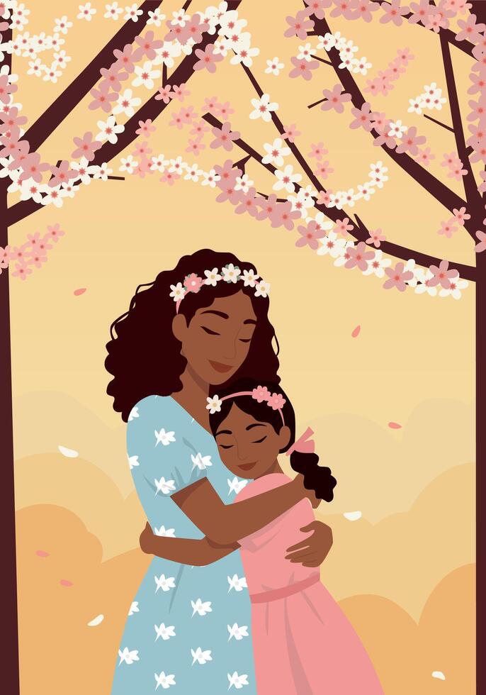 Mom and Daughter Hugging Under Cherry Blossoms in Spring vector