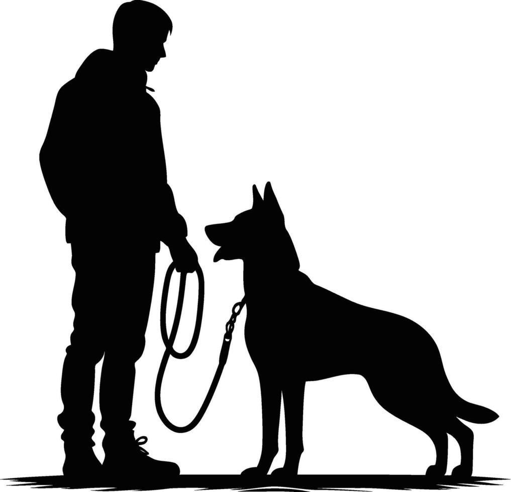 Happy Dog Day. A man walking with dog on leash art vector