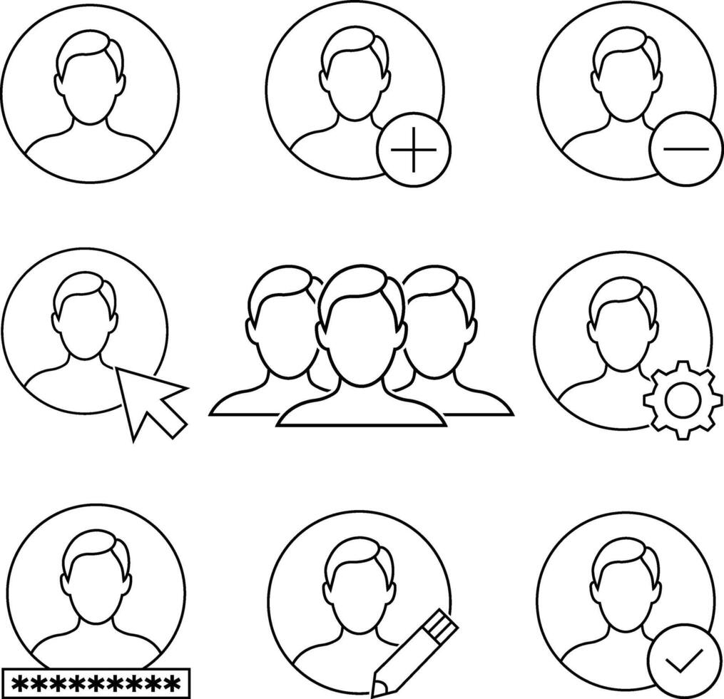 Minimalistic Grid of User Profile Icons with Action Symbols in Monochrome Style vector