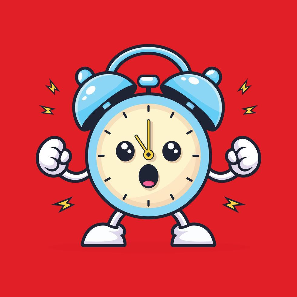 alarm clock character flat illustration with energetic and cheerful wake up expression. vector