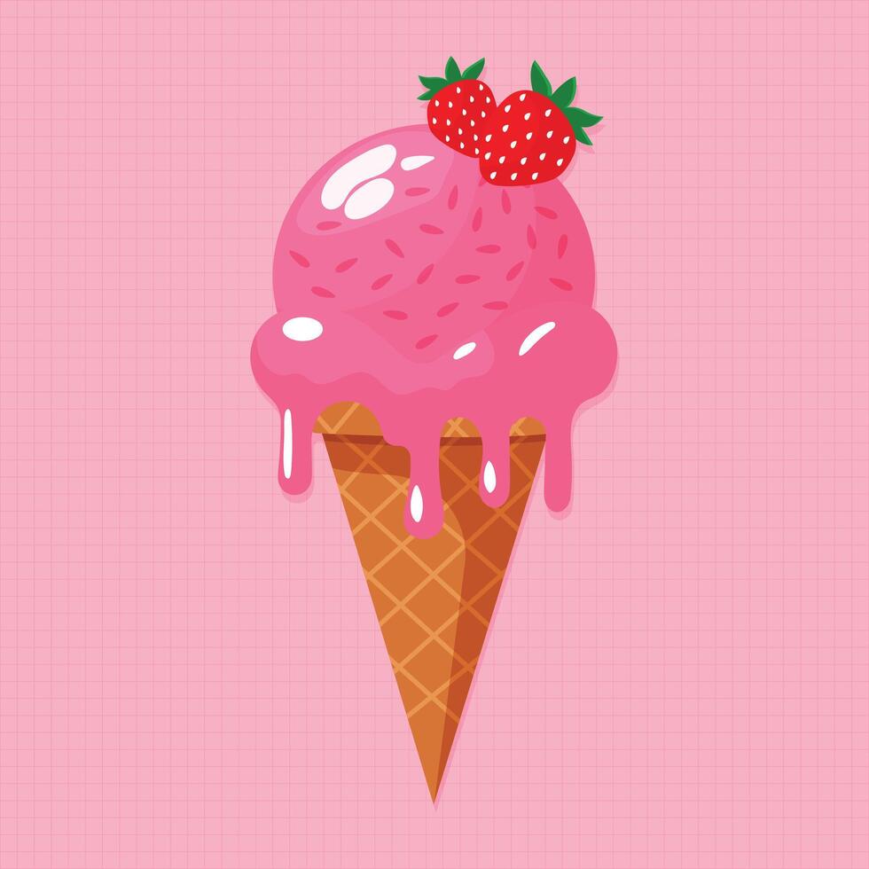 strawberry ice cream in waffle cone flat illustration vector