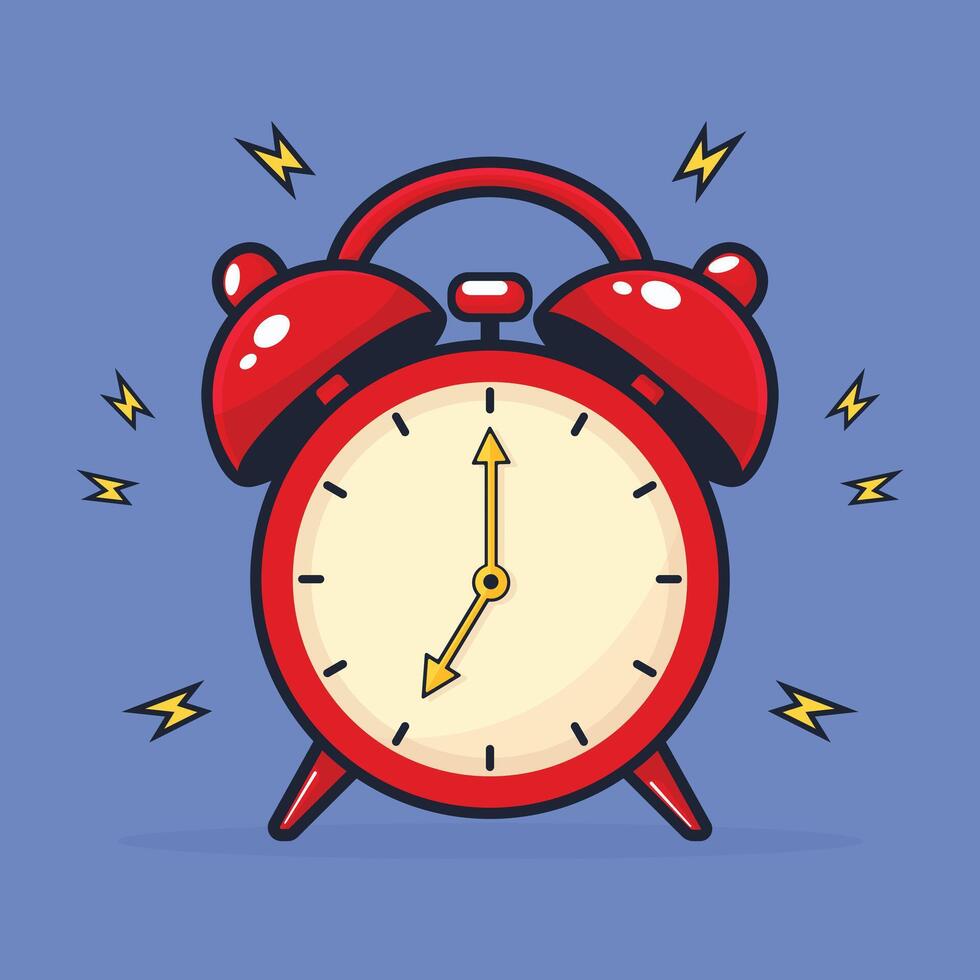 red alarm clock flat illustration isolated on blue background. vector