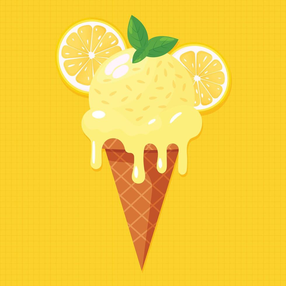 lemon mint ice cream in waffle cone flat illustration vector